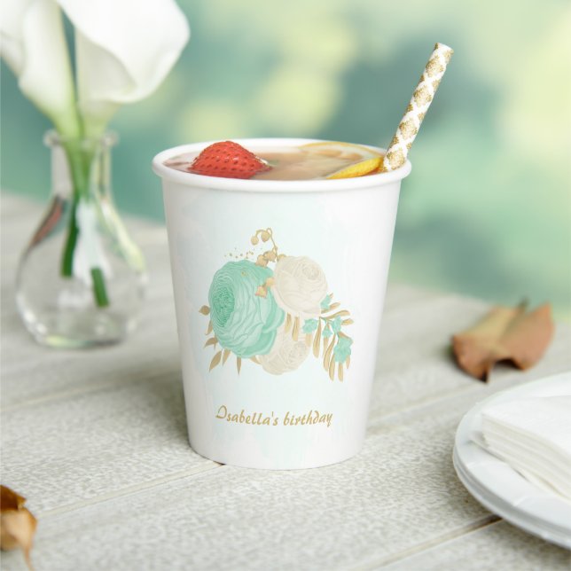 Gobelets En Papier Monnaie romantique vert & fleurs blanches or (Insitu)