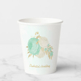 Gobelets En Papier Monnaie romantique vert & fleurs blanches or