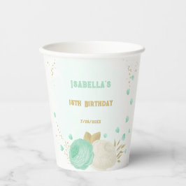 Gobelets En Papier Monnaie romantique vert & fleurs blanches or