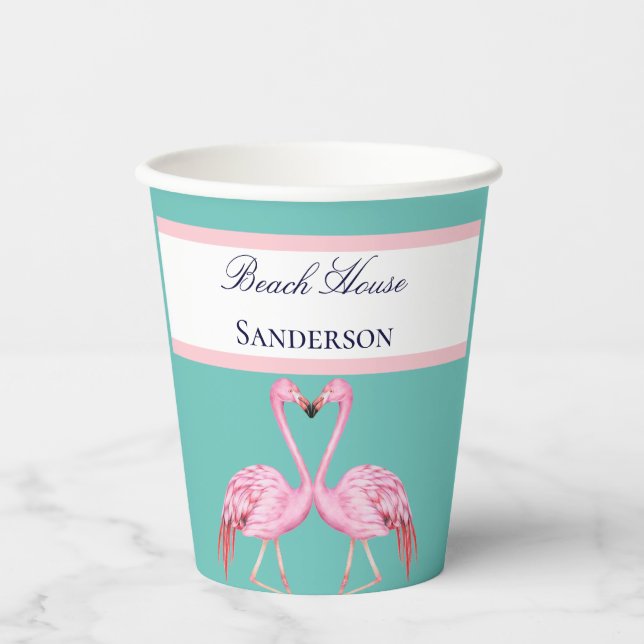 Gobelets En Papier Monogram Beach House Flamants roses Turquoises mar (Recto)