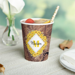 Gobelets En Papier Monogram de Rustic Sunflowers & Wood Texture