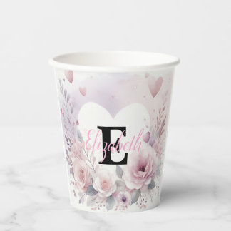 Gobelets En Papier Monogram name floral hearts romantic watercolor