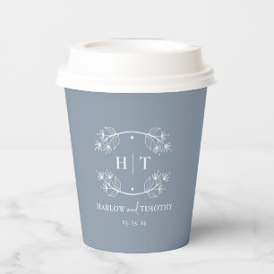 Gobelets En Papier Monogramme blanc Dusty Blue Mariage tasses de papi