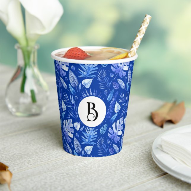 Gobelets En Papier Monogramme, Cobalt Blue Tropical Feuille Motif 8oz (Insitu)