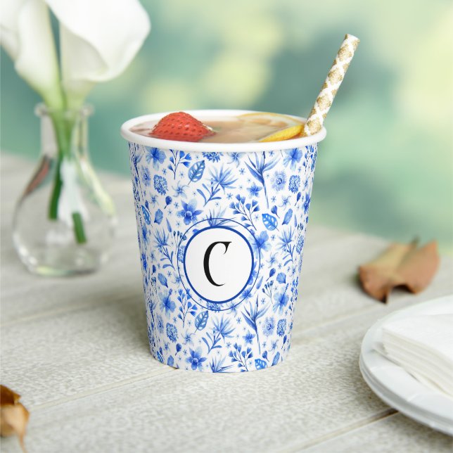 Gobelets En Papier Monogramme, Cobalt Blue Tropical Flowers Motif 8oz (Insitu)
