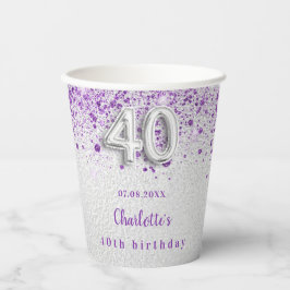 Gobelets En Papier monogramme de 40e anniversaire argent violet parti
