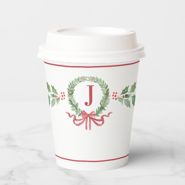 Gobelets En Papier Monogramme de couronne de Noël (Recto)