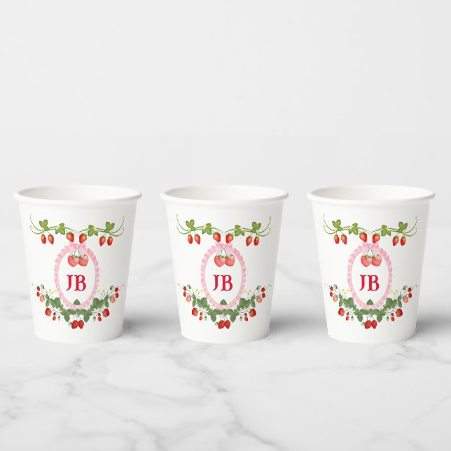 Gobelets En Papier Monogramme de fraise personnalisée (Multi)