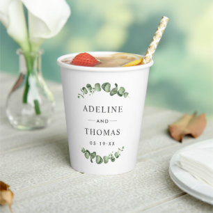 Gobelets En Papier Monogramme de mariage à la verdure élégante d'euca