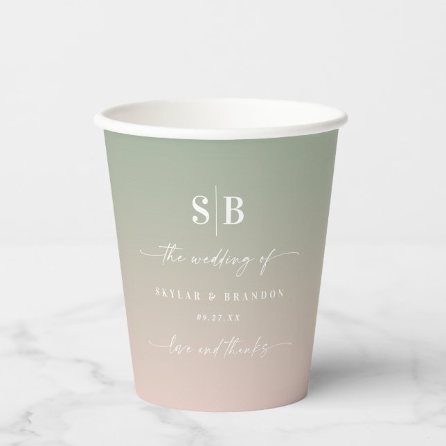 Gobelets En Papier Monogramme de Mariage rose pâle vert à feuilles mo (Recto)