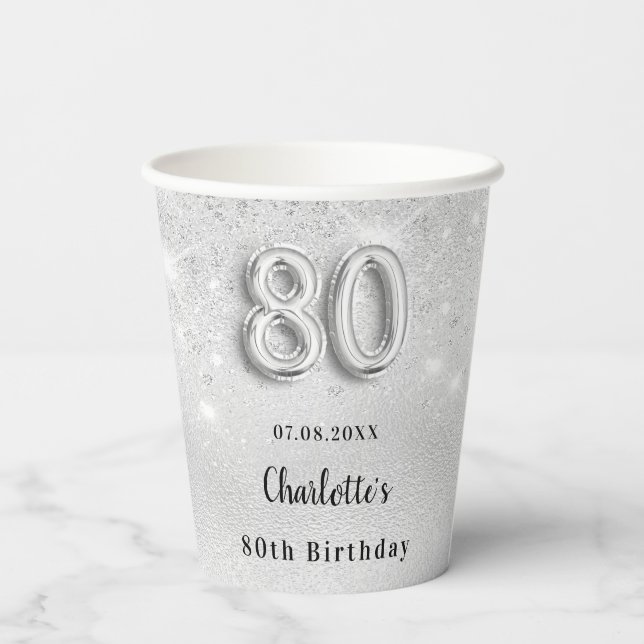 Gobelets En Papier monogramme de parties scintillant argent 80e anniv (Verso)