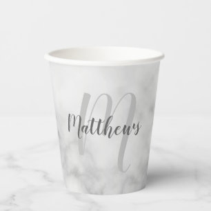 Gobelets En Papier Monogramme de script personnalisé et Marbre blanc