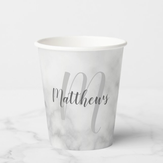 Gobelets En Papier Monogramme de script personnalisé et Marbre blanc  (Recto)