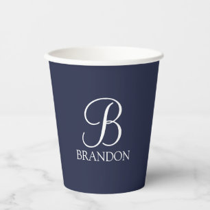 Gobelets En Papier Monogramme et nom de script personnalisé bleu mari