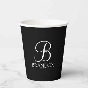 Gobelets En Papier Monogramme et nom de script personnalisé noir