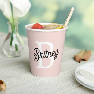 Gobelets En Papier Monogramme et nom personnalisé moderne Pastel Pink