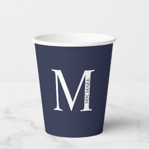 Gobelets En Papier Monogramme et nom personnalisés bleu marine