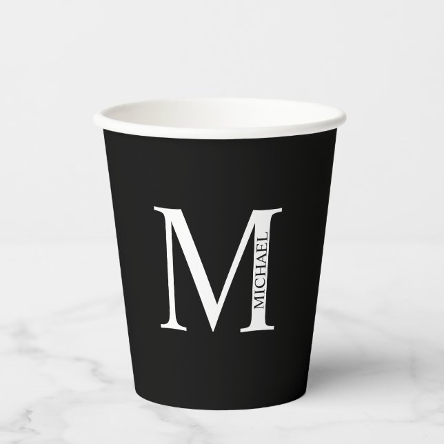 Gobelets En Papier Monogramme et nom personnalisés noir et blanc (Recto)