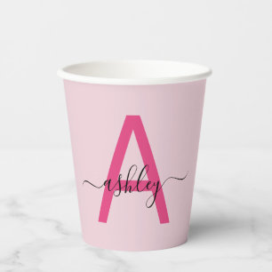 Gobelets En Papier Monogramme Féminin Moderne en Écriture Rose Chaud