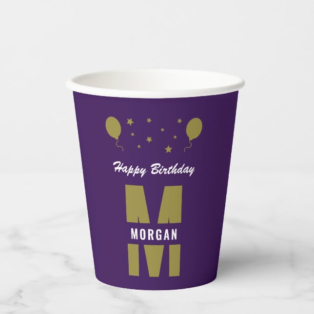 Gobelets En Papier Monogramme Joyeux Anniversaire N'Importe Quel Âge  (Recto)