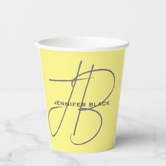 Gobelets En Papier Monogramme Lettres initiales clair jaune moderne (Recto)