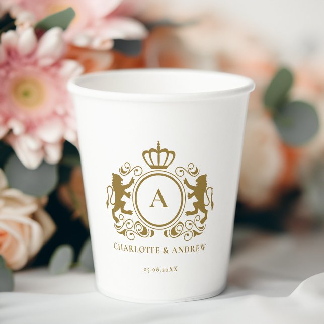 Gobelets En Papier Monogramme, logo, emblème & lion mariage Coupe en  (Monogram, logo, emblem & lion weddings Paper cup with your monogram,name and date.)