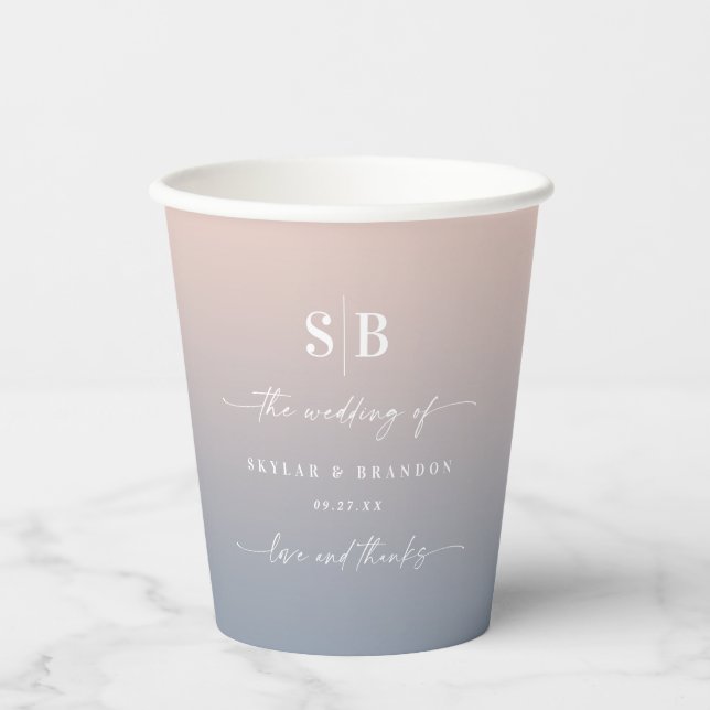 Gobelets En Papier Monogramme Mariage bleu foncé rose pâle (Recto)