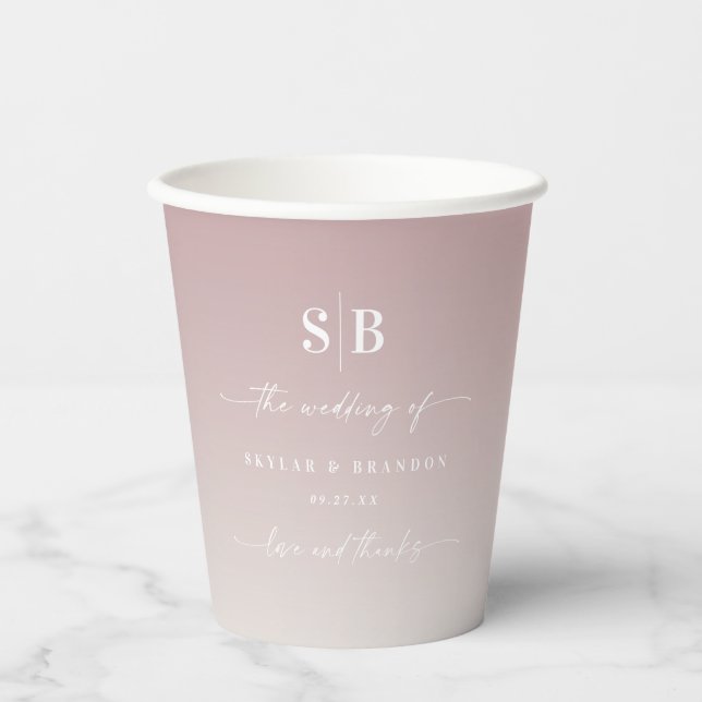 Gobelets En Papier Monogramme Mariage Soft Ombre Mauve Rose & Gardeni (Recto)