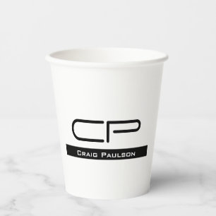 Gobelets En Papier Monogramme noir blanc Nom Plaque moderne Simple