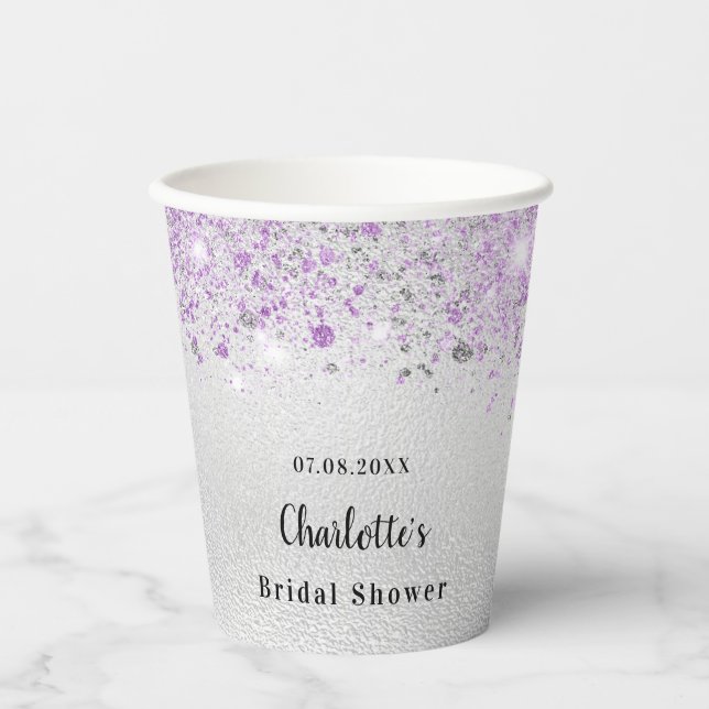 Gobelets En Papier Monogramme pailleté argent violet pour enterrement (Recto)