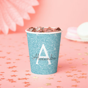 Gobelets En Papier Monogramme Pailleté et Scintillant Bleu Turquoise