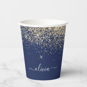 Gobelets En Papier Monogramme Pailleté Étincelant Bleu Marine Or