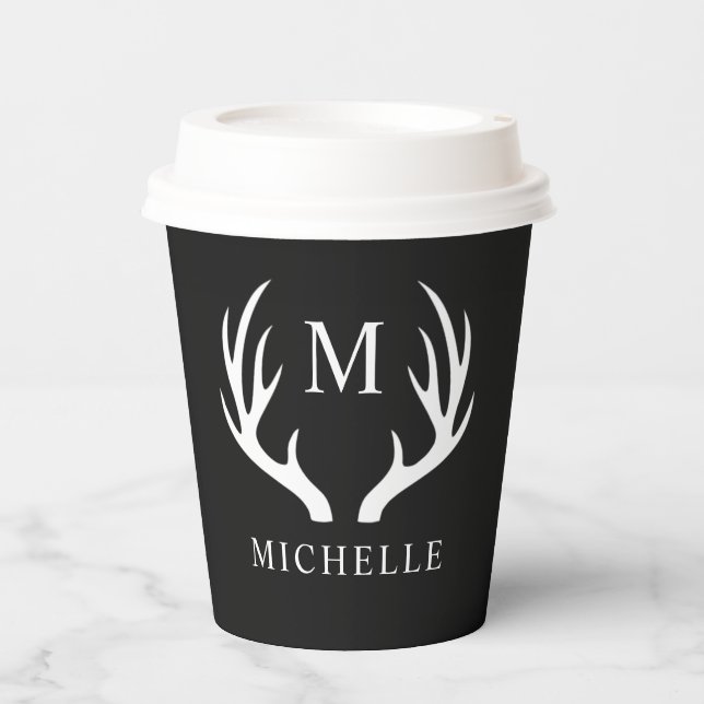 Gobelets En Papier Monogramme personnalisé avec Antler Cerf Blanc Noi (Recto)