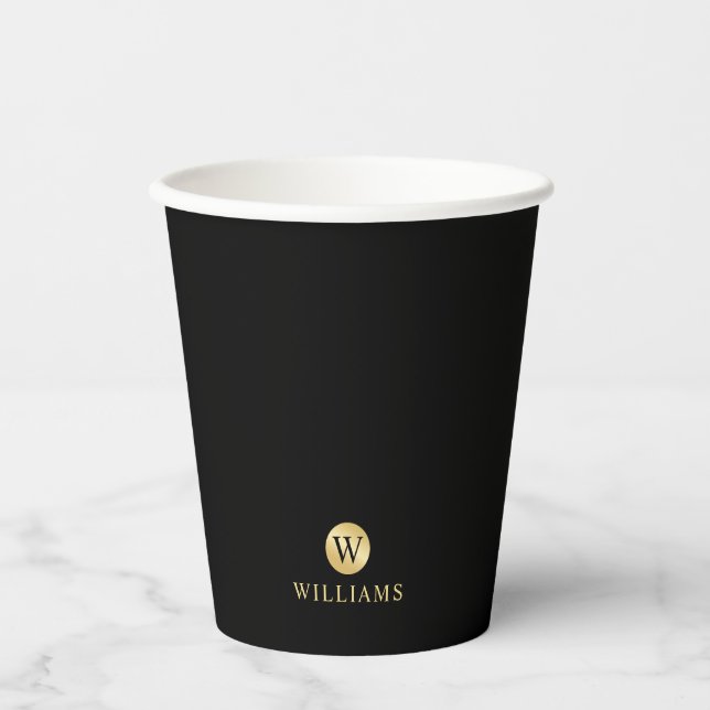 Gobelets En Papier Monogramme personnalisé de luxe noir et or (Recto)