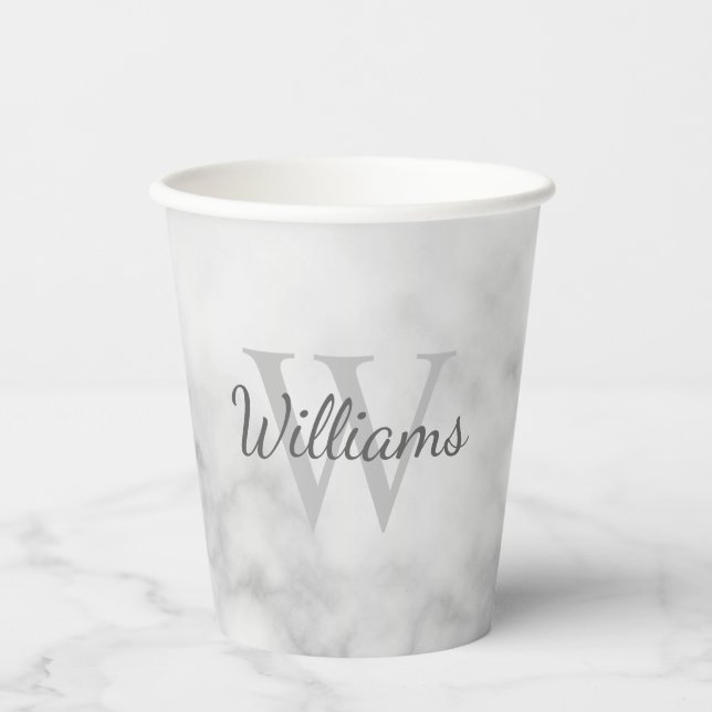 Gobelets En Papier Monogramme personnalisé et Marbre blanc de nom (Recto)