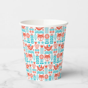 Gobelets En Papier Monogramme Renard finlandais et Motif d'art folk