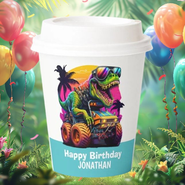 Gobelets En Papier MONSTER TRUCK Dinosaur Anniversaire BLEU (Get ready to party like a dino!)