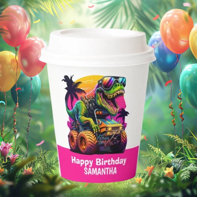 Gobelets En Papier MONSTER TRUCK Dinosaur Anniversaire rose (Celebrate your little one's special day with our adorable Monster Truck Dinosaur pink paper cups!)