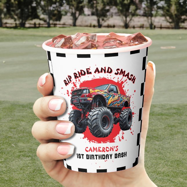 Gobelets En Papier Monster Truck Smash À damiers Drapeau 1er annivers (Monster Truck Smash Checkered Flag 1st Birthday Paper Cups
)