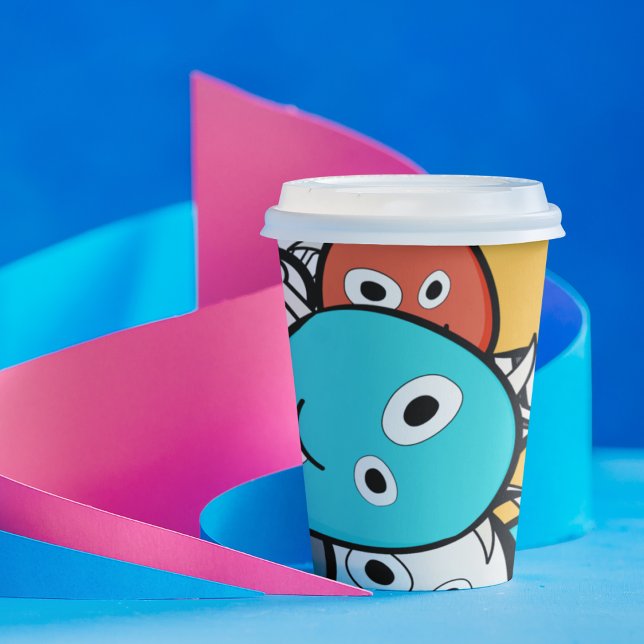Gobelets En Papier Monstre de gribouillis multicolore dessin animé  (doodle monster cartoon kids,adult party stationery, birthday party use and throw paper cups)