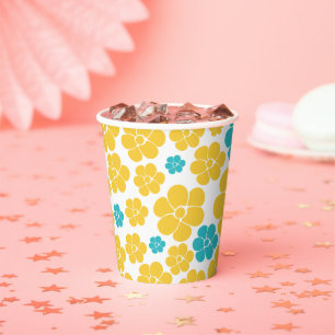 Gobelets En Papier Motif aux fleurs - Turquoise et Jaune