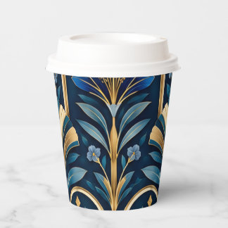 Gobelets En Papier Motif botanique Art Déco. Bleu saphir