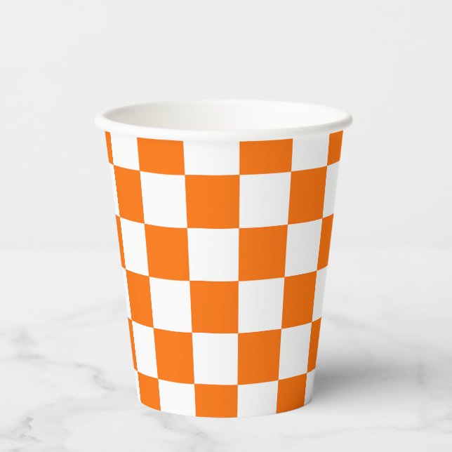 Gobelets En Papier Motif chèque À damiers blanc orange (Recto)