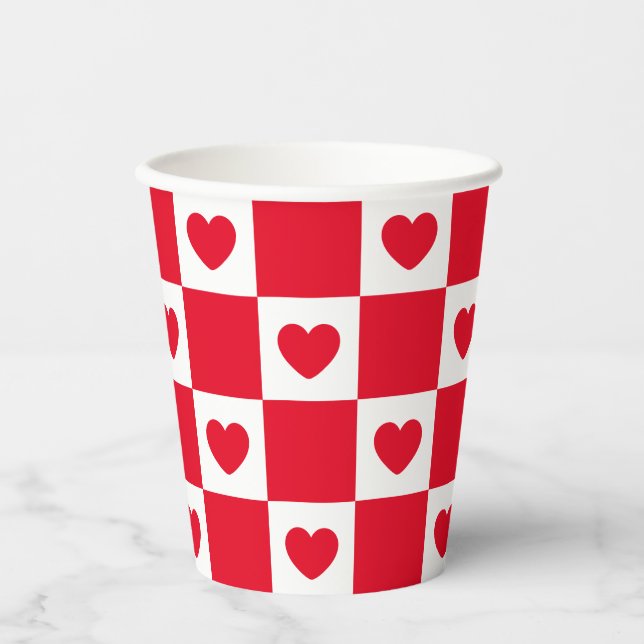 Gobelets En Papier Motif de coeur À damiers rouge (Recto)