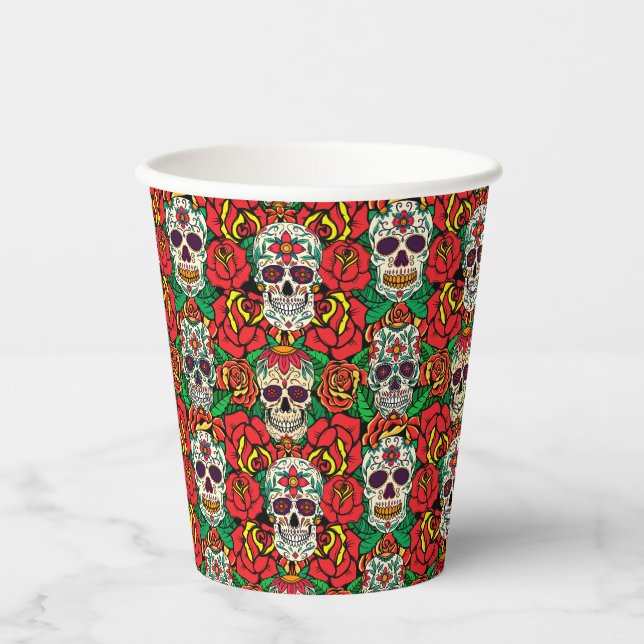Gobelets En Papier Motif de crânes floraux (Recto)