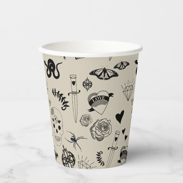 Gobelets En Papier Motif de tatouage à main noir et beige (Recto)
