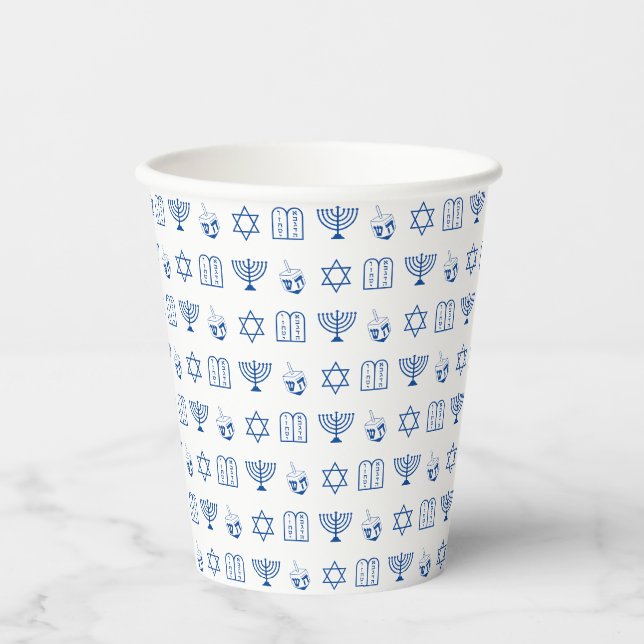 Gobelets En Papier motif de vacances Hanoukka bleu et blanc (Recto)