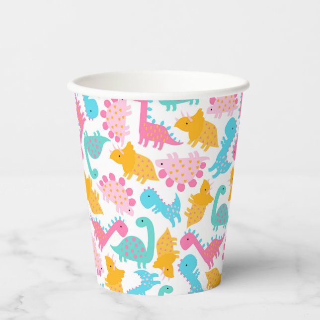 Gobelets En Papier Motif Dinosaur rose et Turquoise (Recto)
