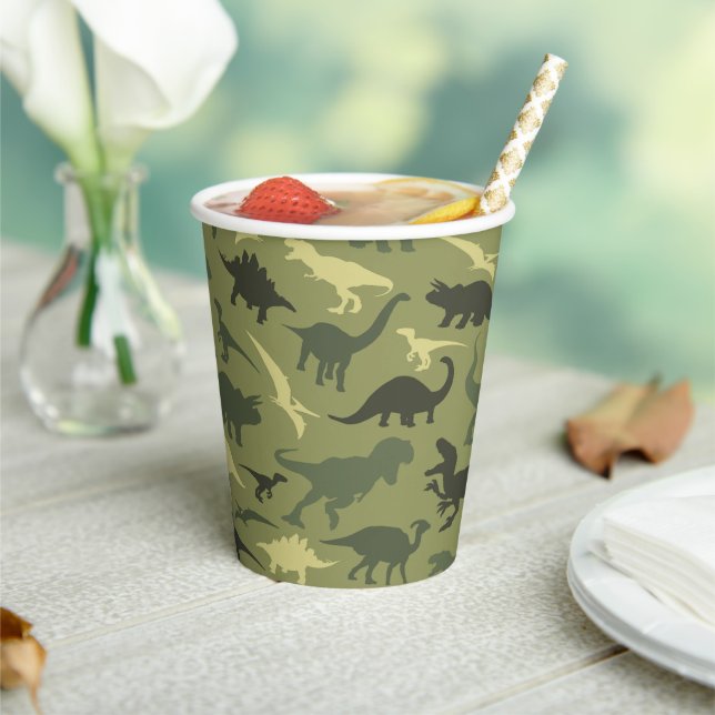 Gobelets En Papier Motif Dinosaure, Silhouette Dinosaure, Dino Vert (Insitu)