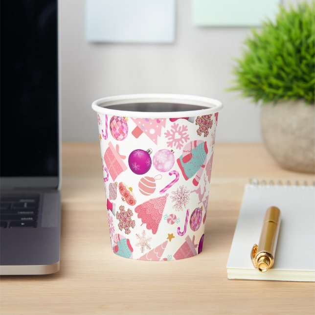Gobelets En Papier Motif d'ornement de Noël rose (Insitu)